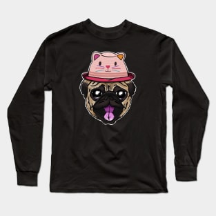 Pug dog with cat hat Long Sleeve T-Shirt
